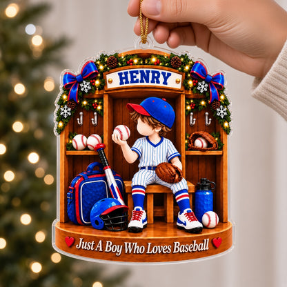Acrylic ornament showing a boy in a blue pinstriped baseball uniform inside a garland-decorated wooden locker.