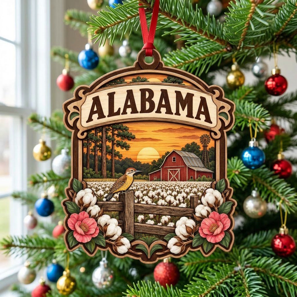 Custom-cut wood ornament with “ALABAMA”, red barn, windmill, yellowhammer bird, cotton and pink camellias at sunset.
