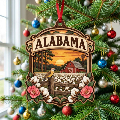 Custom-cut wood ornament with “ALABAMA”, red barn, windmill, yellowhammer bird, cotton and pink camellias at sunset.
