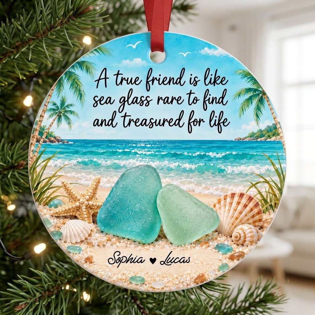 Round ceramic ornament with beach scene, palm trees, sea glass, shells, and a friendship quote with two names.