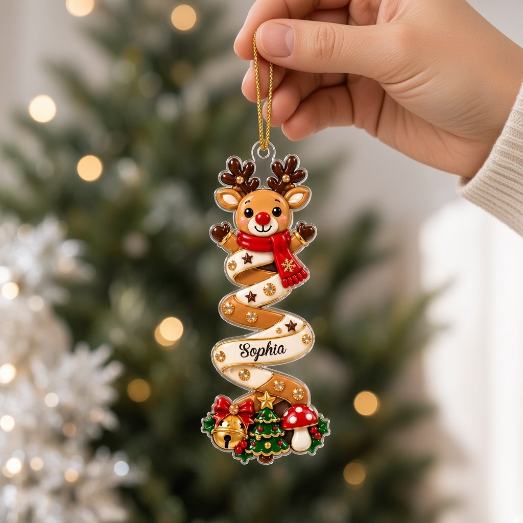 Custom-cut acrylic ornament with a ribbon tree or snowman on a spiral ribbon, personalized with a name on the ribbon.