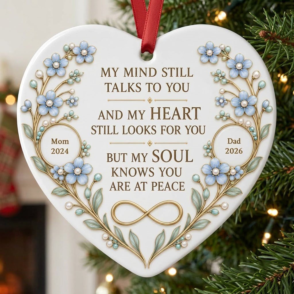 Heart ceramic ornament with light blue forget-me-not flowers, gold vines, and a gold infinity symbol memorial design.