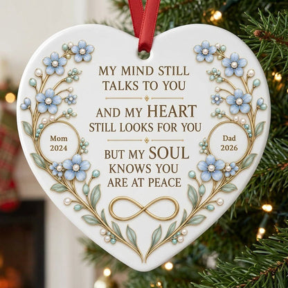 Heart ceramic ornament with light blue forget-me-not flowers, gold vines, and a gold infinity symbol memorial design.