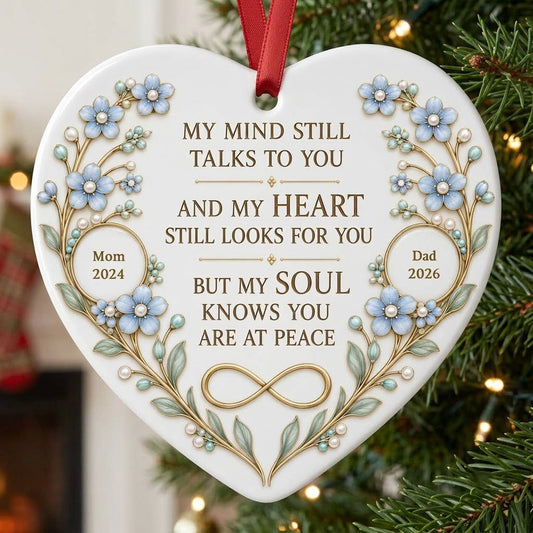 Heart ceramic ornament with light blue forget-me-not flowers, gold vines, and a gold infinity symbol memorial design.