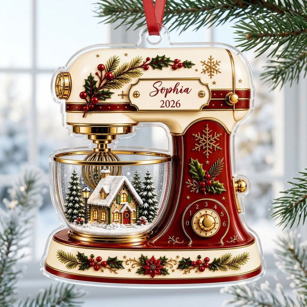 Stand mixer-shaped acrylic ornament with holly, gold snowflakes, and a snowy cottage scene in a glass bowl.