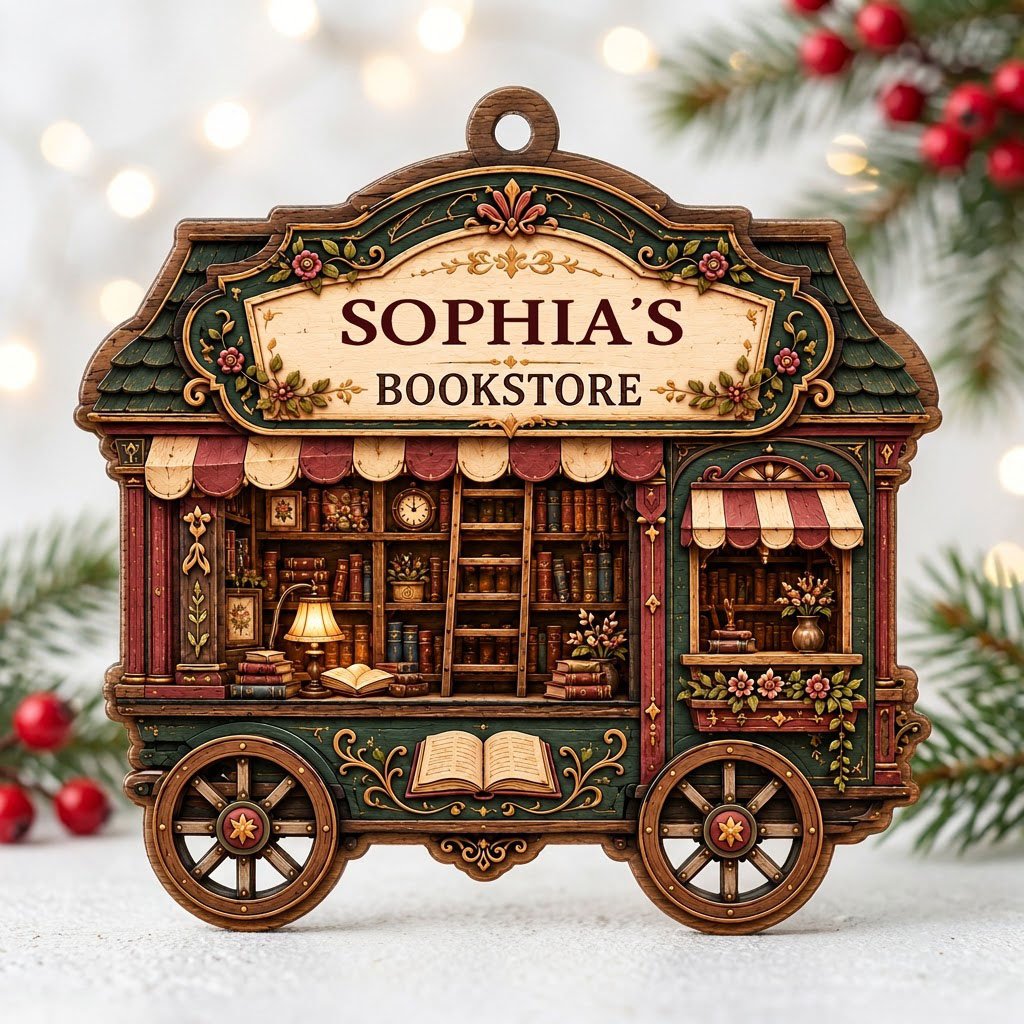 Custom-cut wood ornament shaped like a vintage bookstore wagon with books, ladder, and striped awnings.