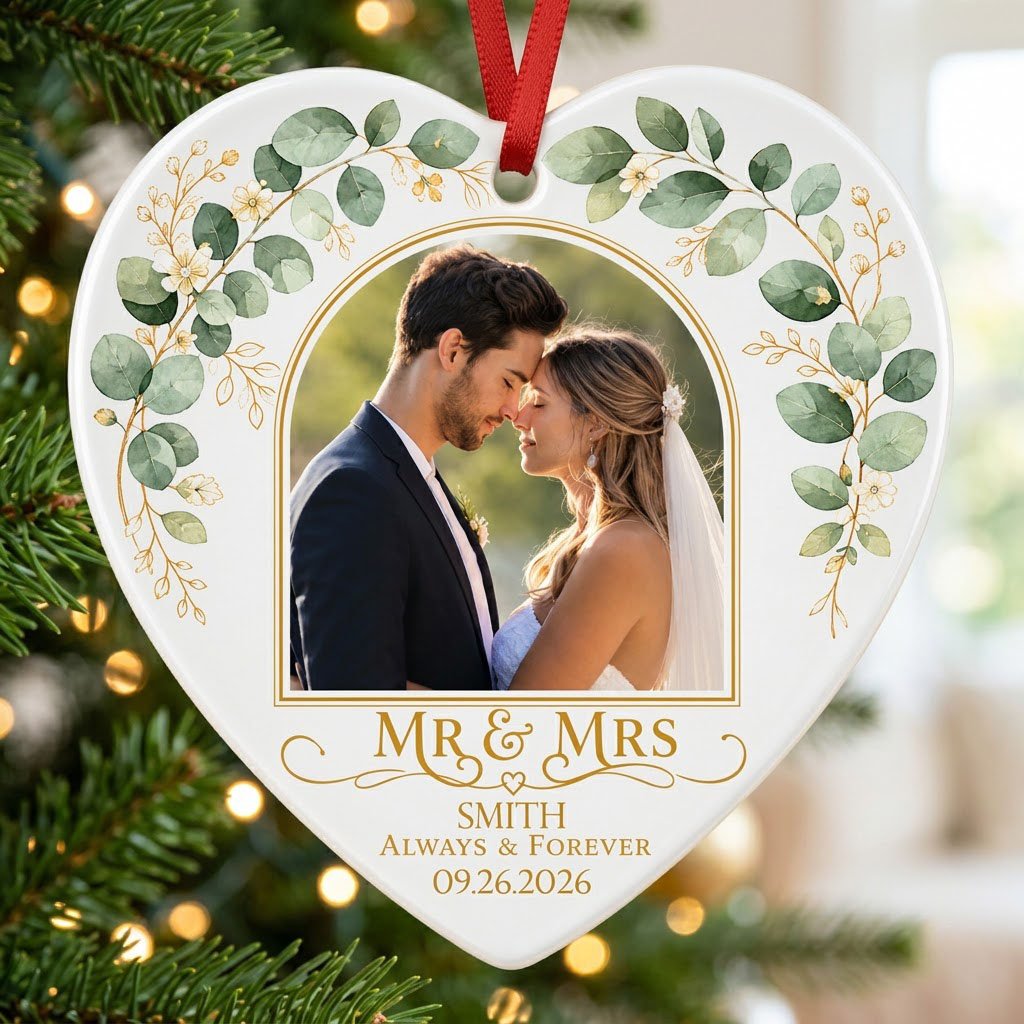 White heart ceramic ornament with wedding photo, eucalyptus leaves, gold accents, and text MR & MRS, ALWAYS & FOREVER.