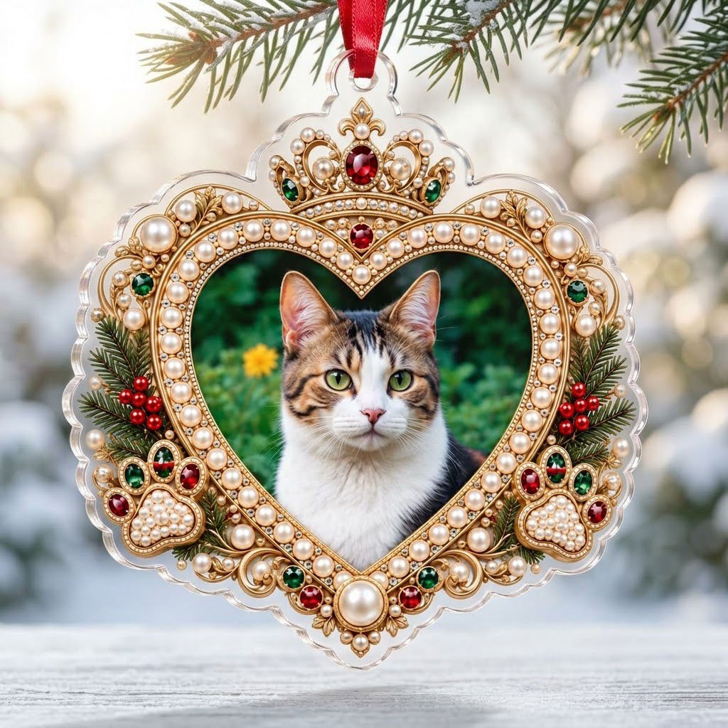 Acrylic ornament with a cat photo framed by gold filigree, jeweled crown, faux pearls, holly and paw prints on an ornate