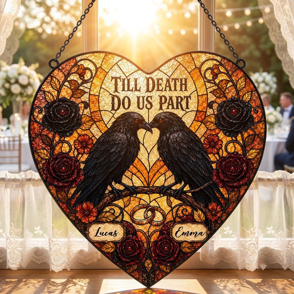 Personalized Gothic Raven Couple Till Death Do Us Part Heart Stained Glass Suncatcher