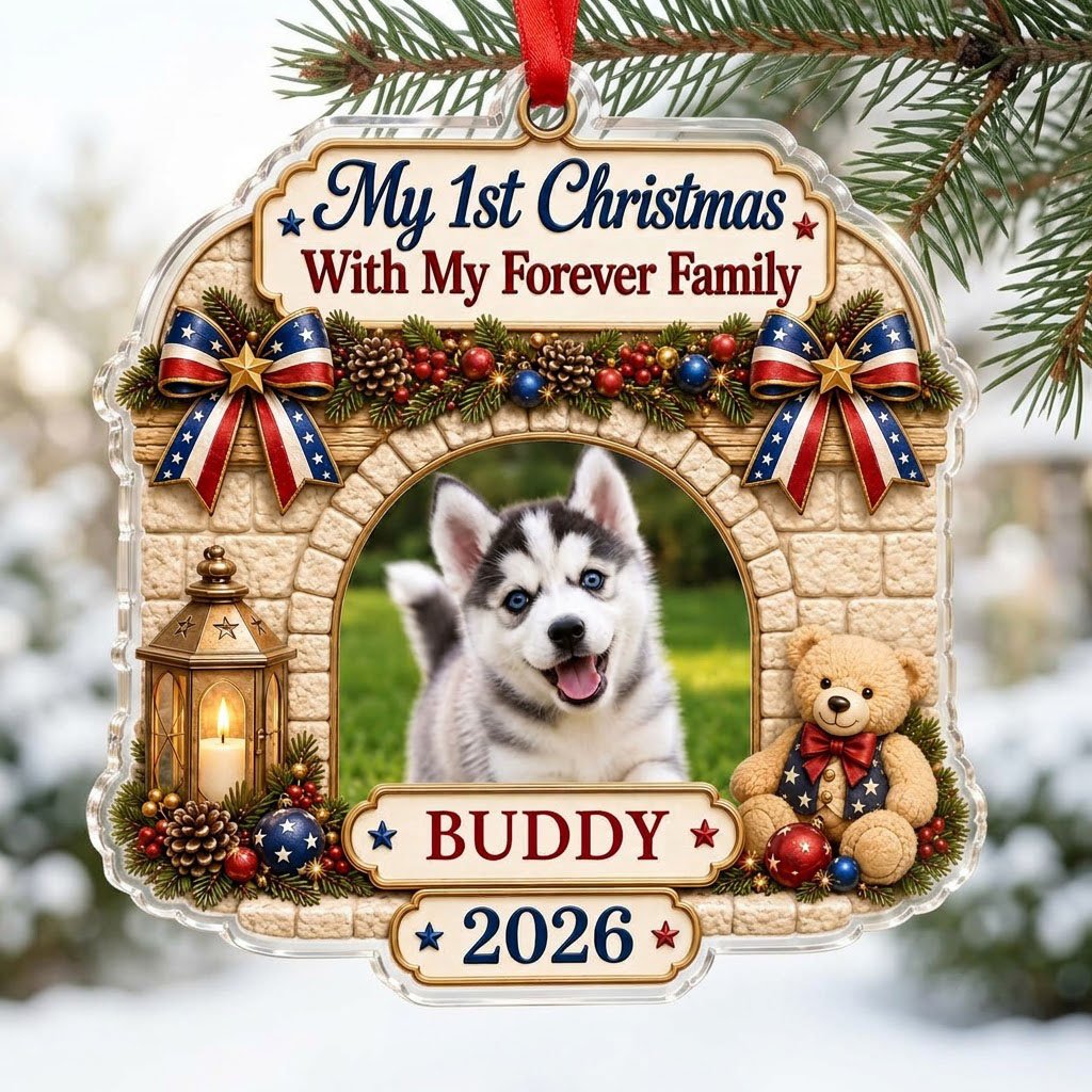 Arched acrylic ornament with stone arch, pine garland, patriotic bows, lantern, teddy bear, and a photo slot.