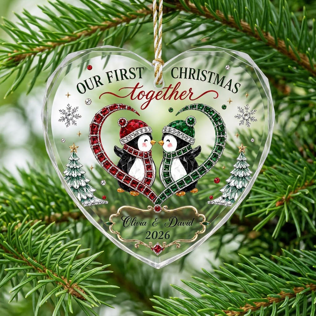 Heart-shaped stained glass suncatcher with two penguins in red and green scarves, jeweled trees, and silver snowflakes
