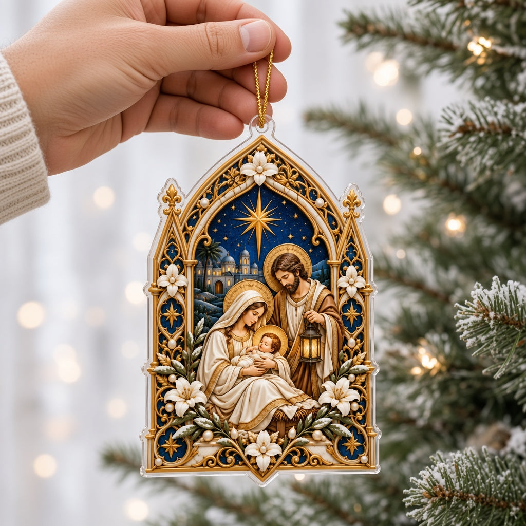 Cathedral-arch acrylic ornament with Nativity scene of Mary, Joseph with lantern, and the Star of Bethlehem.