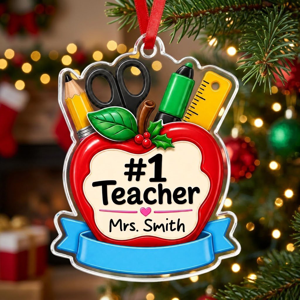 Personalized #1 Teacher Red Apple Acrylic Ornament, Custom School Appreciation Keepsake