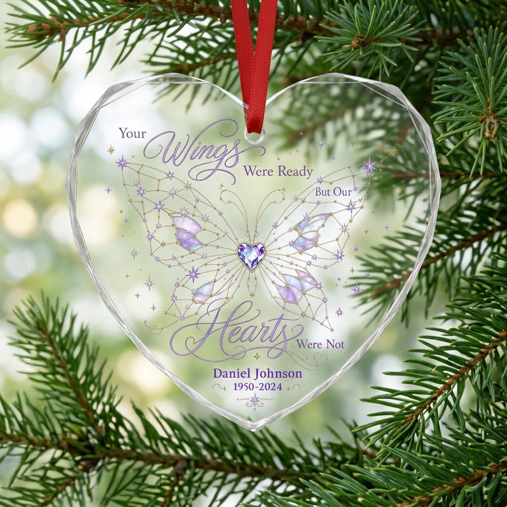 Personalized Butterfly Memorial Your Wings Were Ready Crystal Heart Glass Ornament