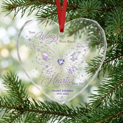 Personalized Butterfly Memorial Your Wings Were Ready Crystal Heart Glass Ornament