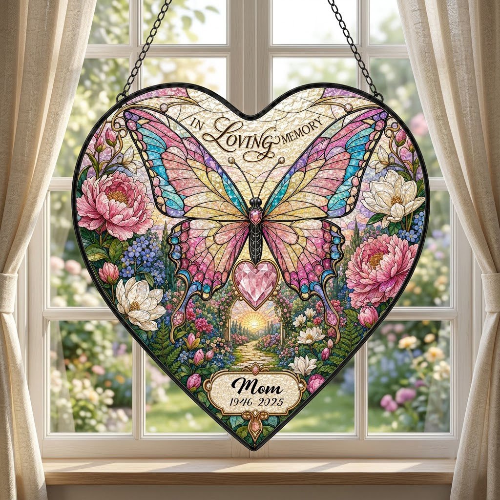 Personalized Butterfly Floral Garden Memorial In Loving Memory Heart Stained Glass Suncatcher