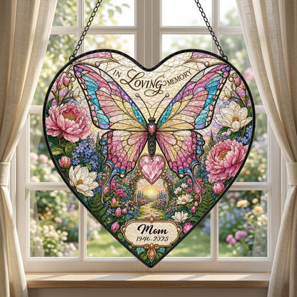 Personalized Butterfly Floral Garden Memorial In Loving Memory Heart Stained Glass Suncatcher