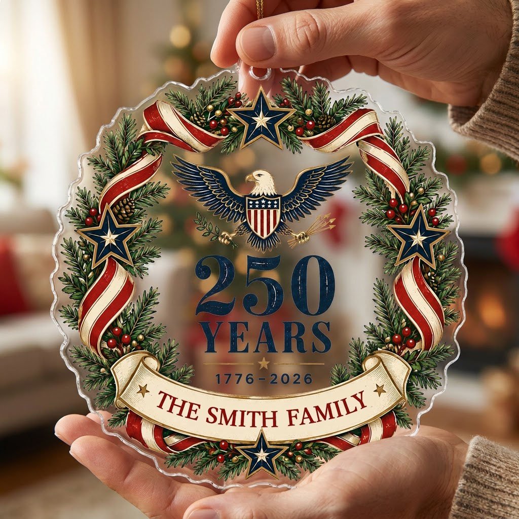 Personalized America 250th Wreath Acrylic Ornament, Custom Patriotic Holiday Keepsake