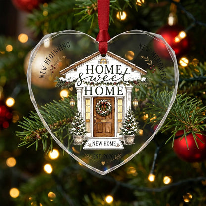 Home Sweet Home Winter Front Porch Heart Glass Ornament
