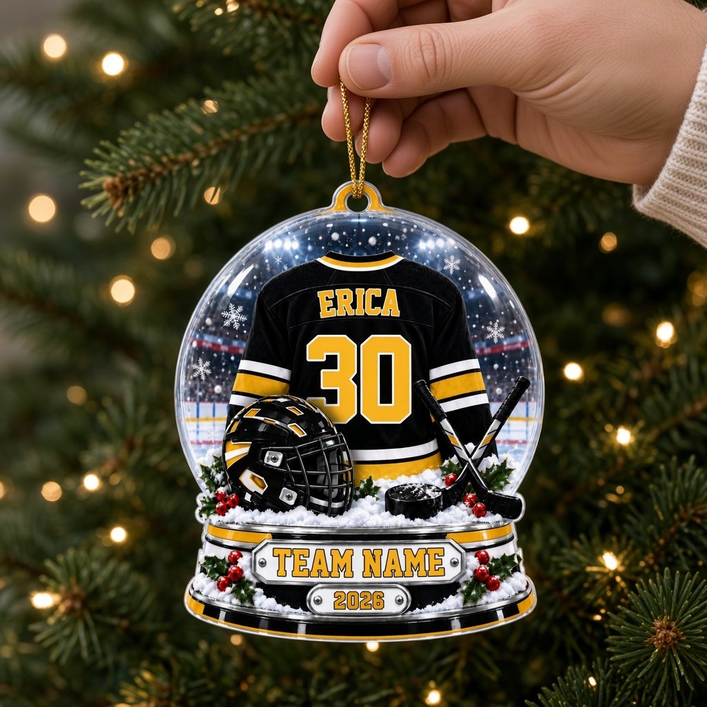 Acrylic snow globe ornament with hockey jersey, helmet, crossed sticks, puck, holly, and a silver plaque base.