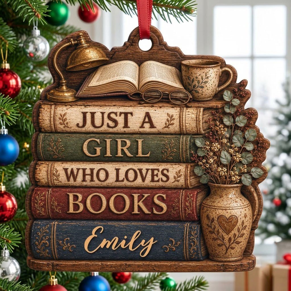 Bookshelf-shaped wood ornament with lamp, open book, teacup, vase, and Just a Girl Who Loves Books text.