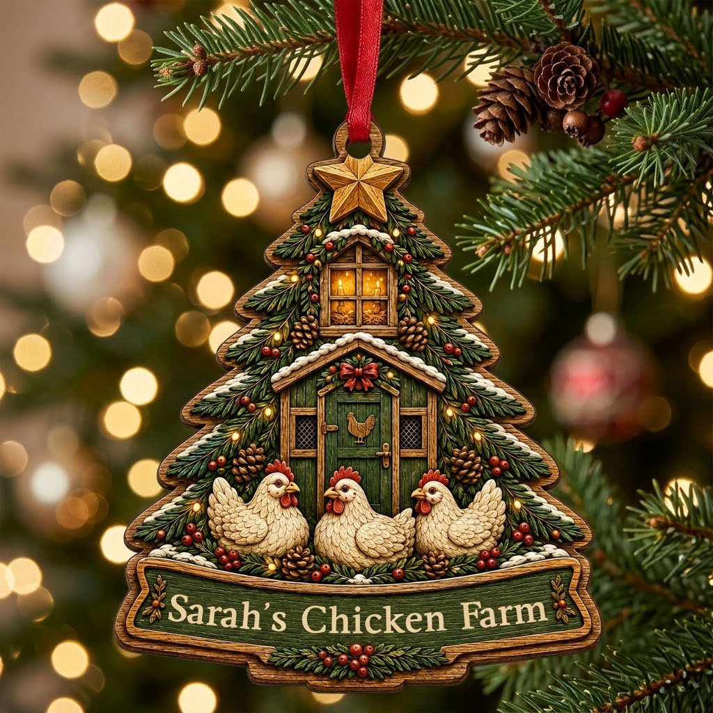 Personalized Christmas Tree Chicken Coop Wood Ornament, Custom Farmhouse Keepsake