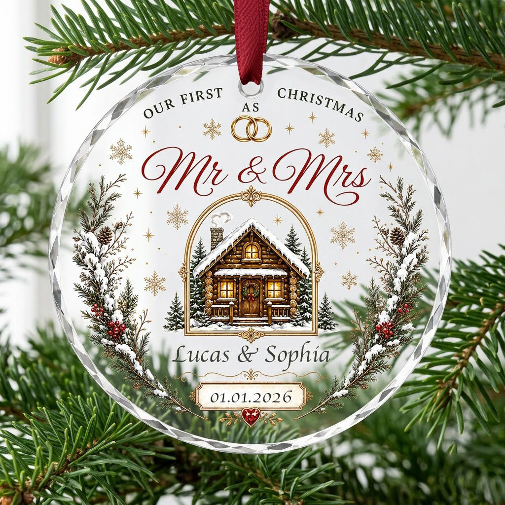 Personalized Our First Christmas as Mr & Mrs Winter Cabin Round Glass Ornament