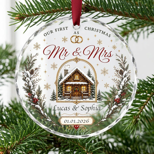 Personalized Our First Christmas as Mr & Mrs Winter Cabin Round Glass Ornament