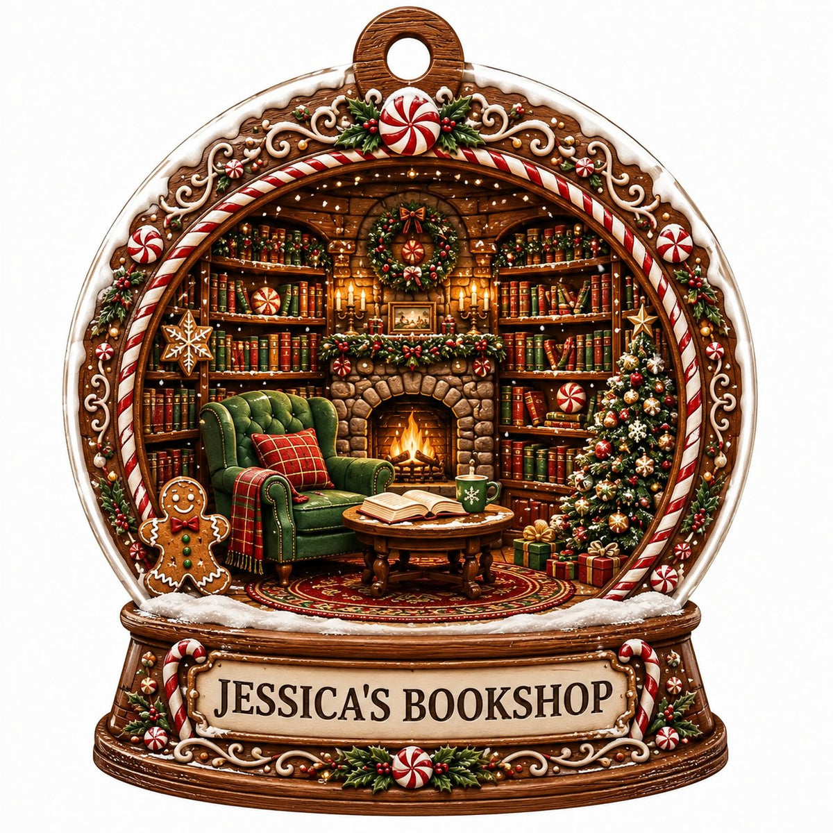 Snow globe ornament with candy-cane frame, cozy book-filled library, fireplace, tree, and 'JESSICA'S BOOKSHOP' nameplate