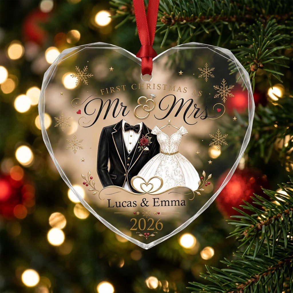 Personalized First Christmas as Mr & Mrs Tuxedo Gown Heart Glass Ornament