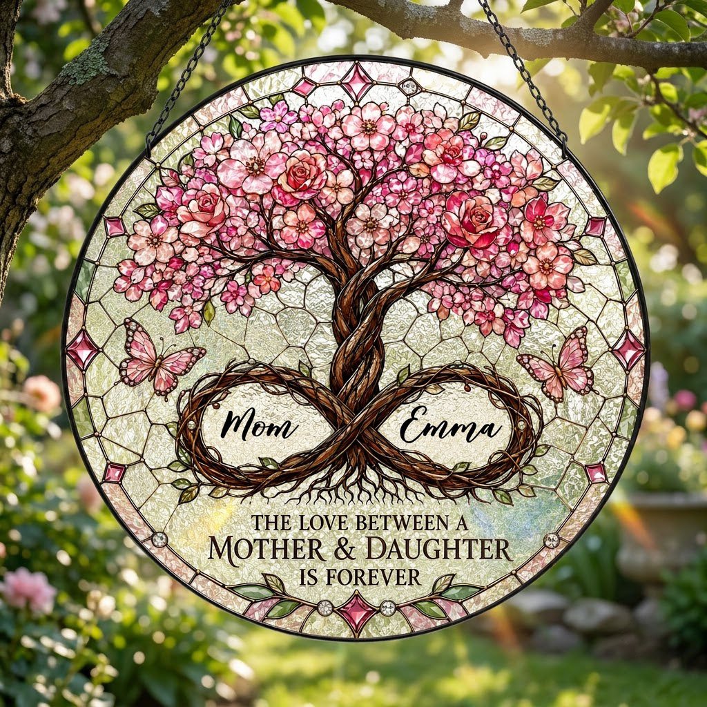 Round suncatcher with tree of life, pink blossoms, and 'THE LOVE BETWEEN A MOTHER & DAUGHTER IS FOREVER'
