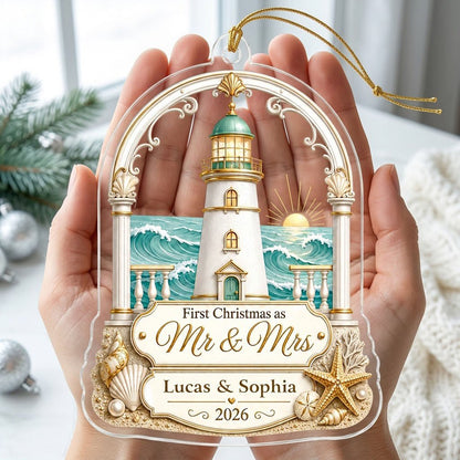 Personalized Coastal Lighthouse First Christmas as Mr & Mrs Acrylic Ornament, Custom Beach Wedding Keepsake