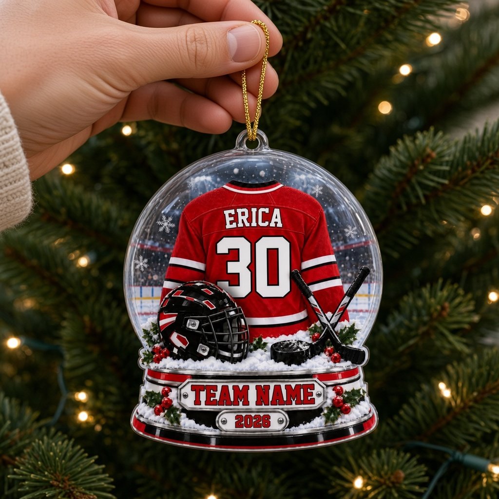 Snow globe acrylic ornament with red and white hockey jersey, black helmet and puck, and a snowy rink backdrop.