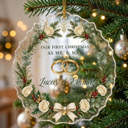 Personalized Our First Christmas as Mr & Mrs Acrylic Ornament, Custom Wedding Rings Floral Wreath Keepsake