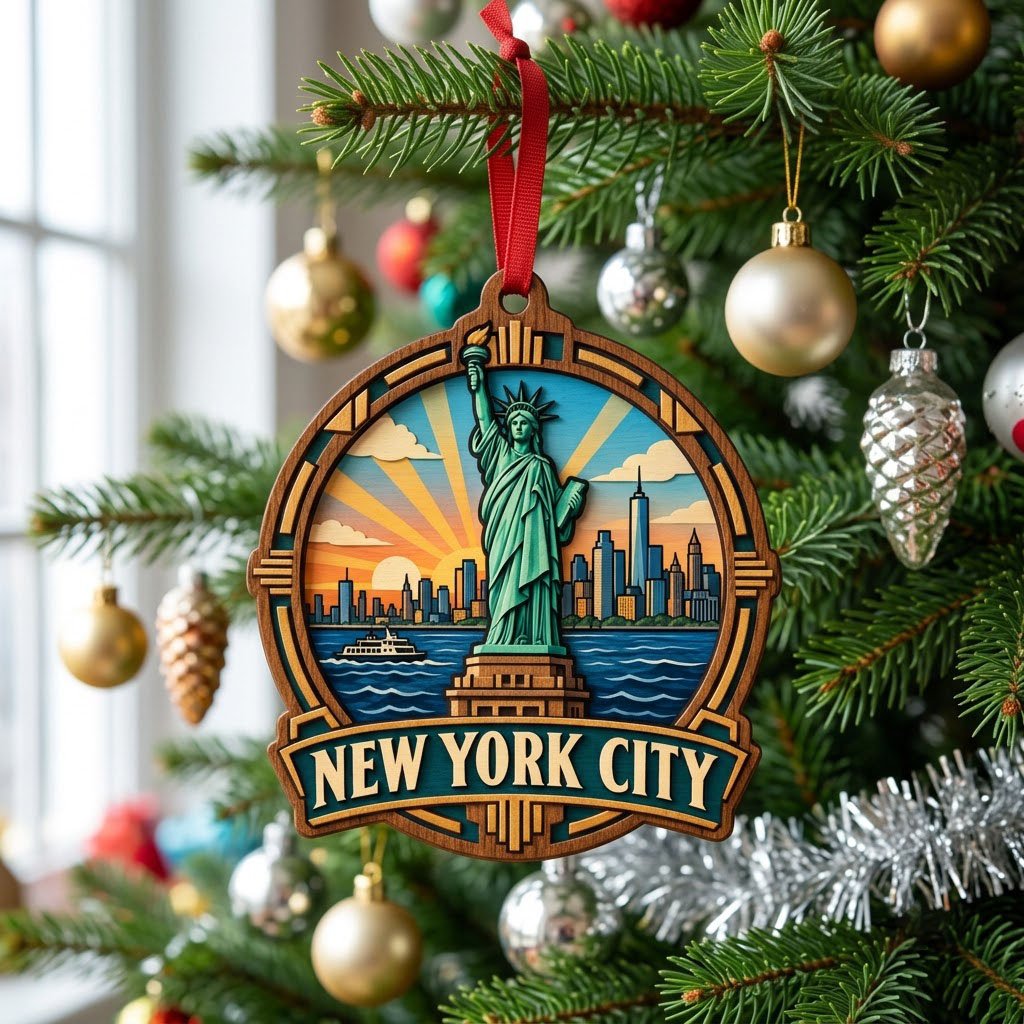 Wood ornament with Statue of Liberty, NYC skyline, ferry and sunrays in an Art Deco frame reading NEW YORK CITY.