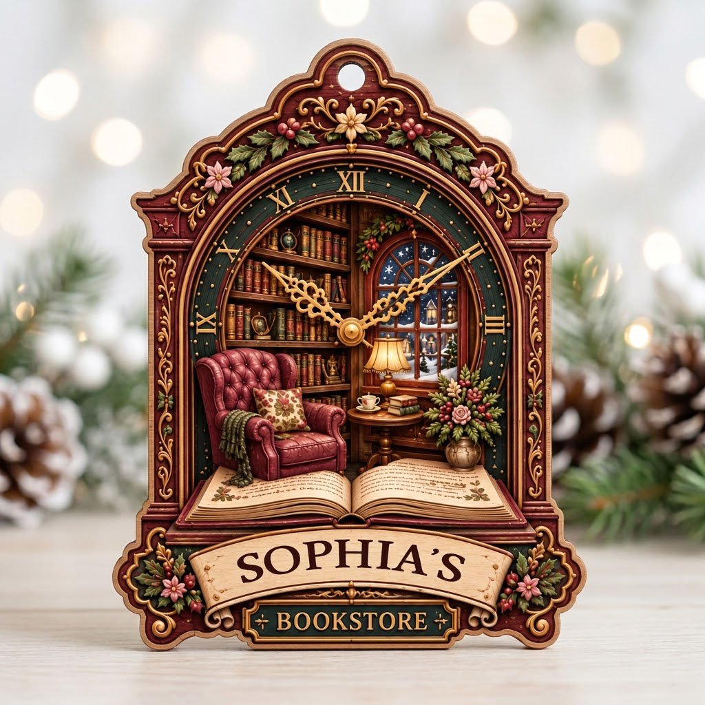Ornate clock-shaped wood ornament with cozy bookstore scene, red armchair, bookshelves, arched window, and “BOOKSTORE” s
