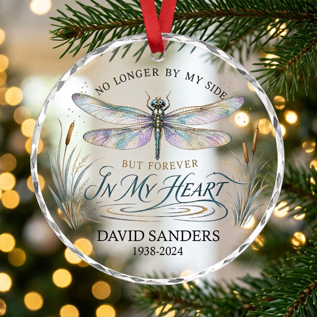 Personalized Dragonfly Memorial No Longer By My Side Round Glass Ornament
