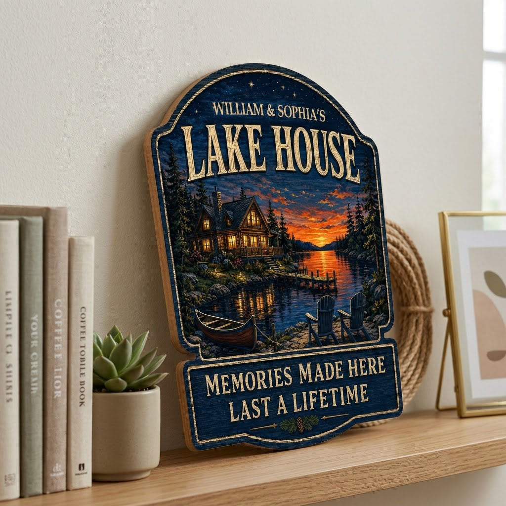 Personalized Lake House Night Sunset Wooden Hanging Sign