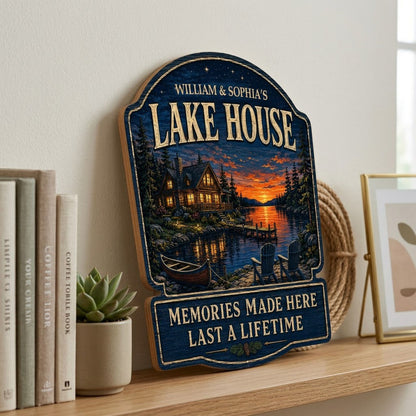 Personalized Lake House Night Sunset Wooden Hanging Sign