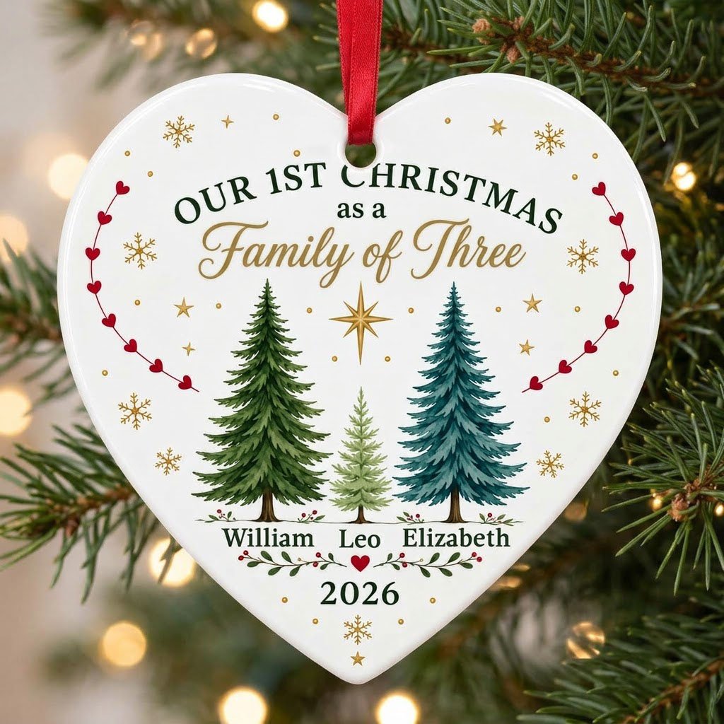 Our 1st Christmas As A Family Of Three Pine Trees - Personalized Heart Ceramic Ornament (Printed On Both Sides)