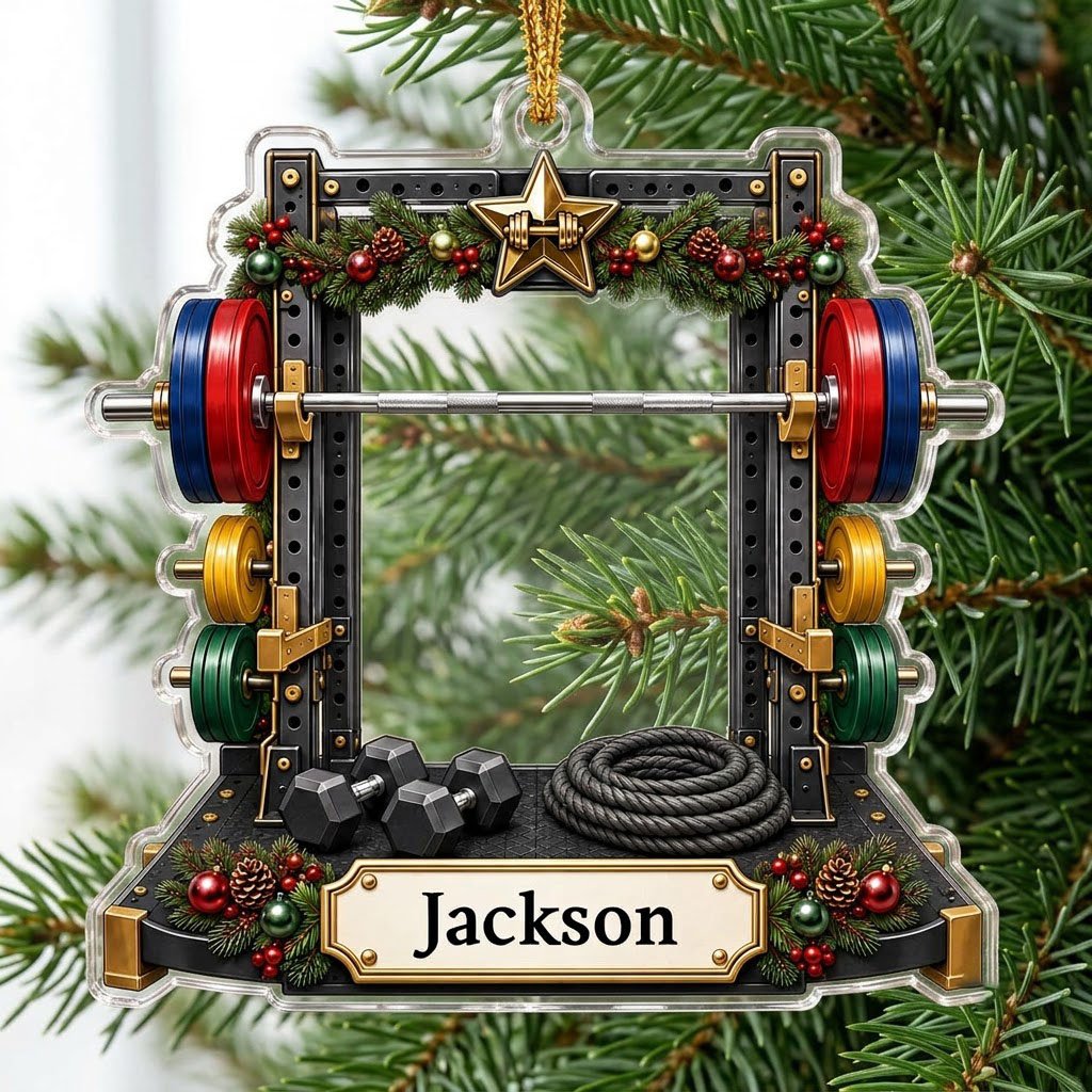 A squat rack-shaped acrylic ornament with garland, barbell, dumbbells, and a photo cutout above a name plaque.