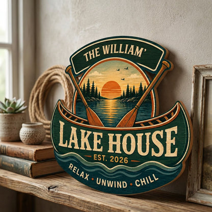 Personalized Lake House Canoe Sunset Wooden Hanging Sign