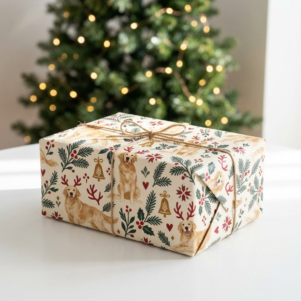 Cream wrapping paper with golden retrievers in red antler headbands, pine sprigs, red berries and gold bells.