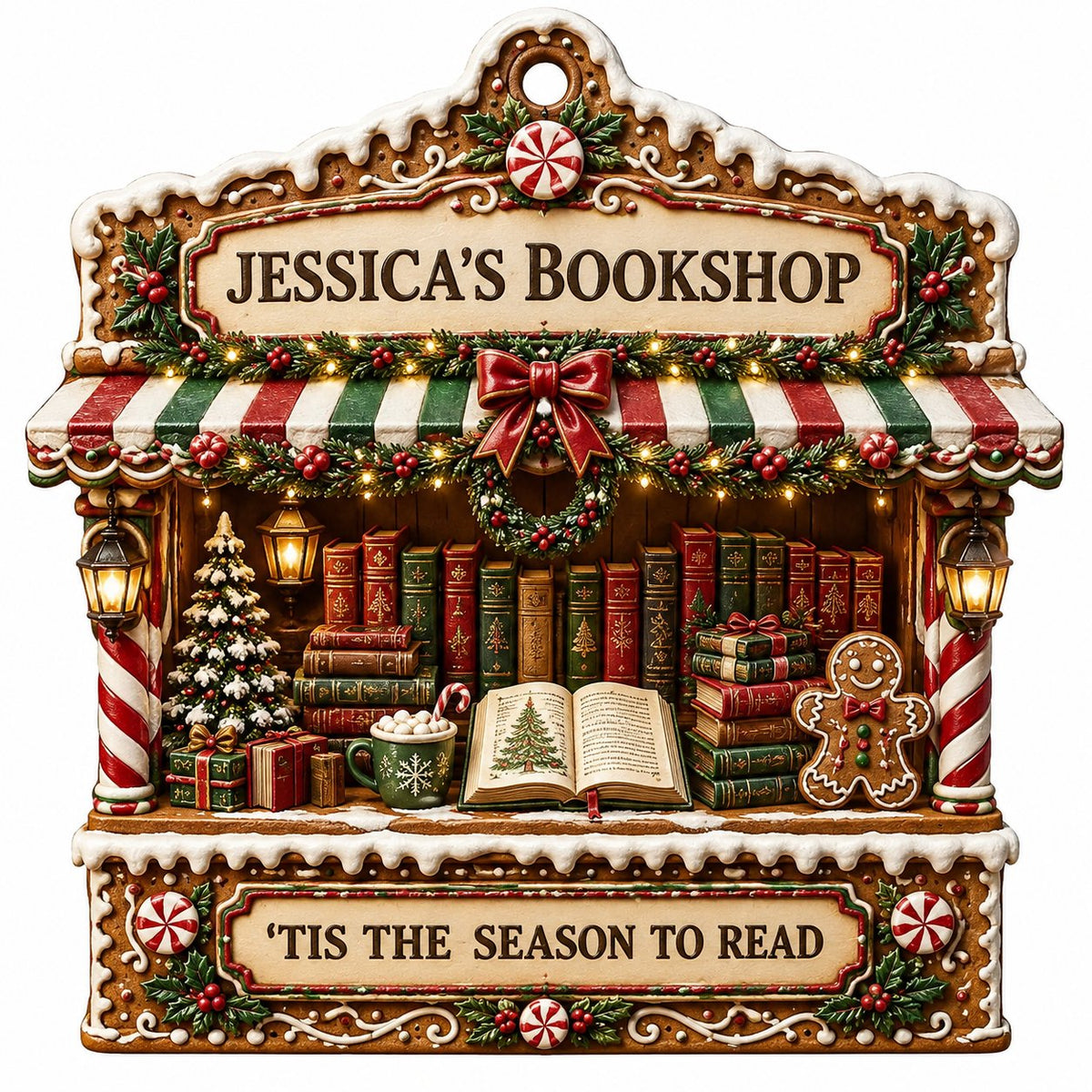 Gingerbread bookstore facade ornament with striped awning, wreath, books, lanterns, and 'TIS THE SEASON TO READ' text.