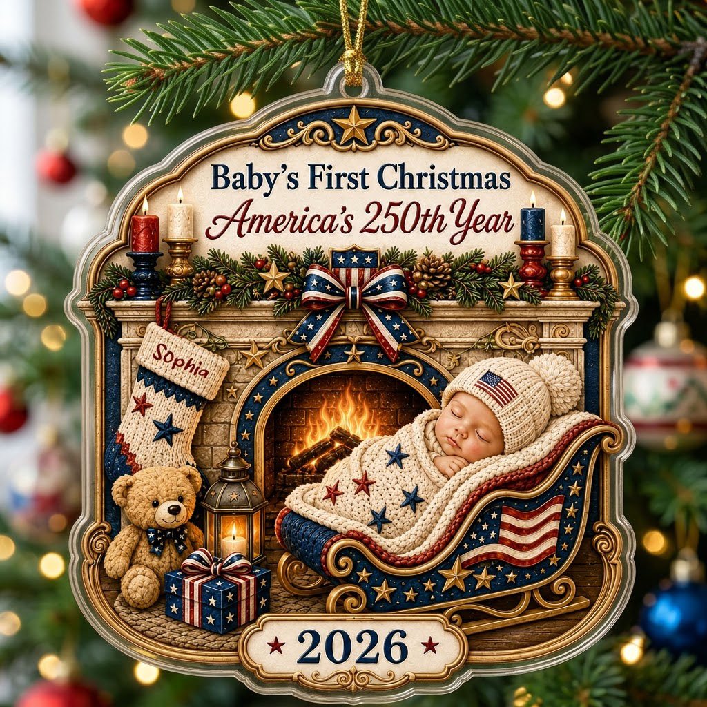 Personalized America 250th Baby's First Christmas Fireplace Acrylic Ornament, Custom Patriotic Newborn Keepsake