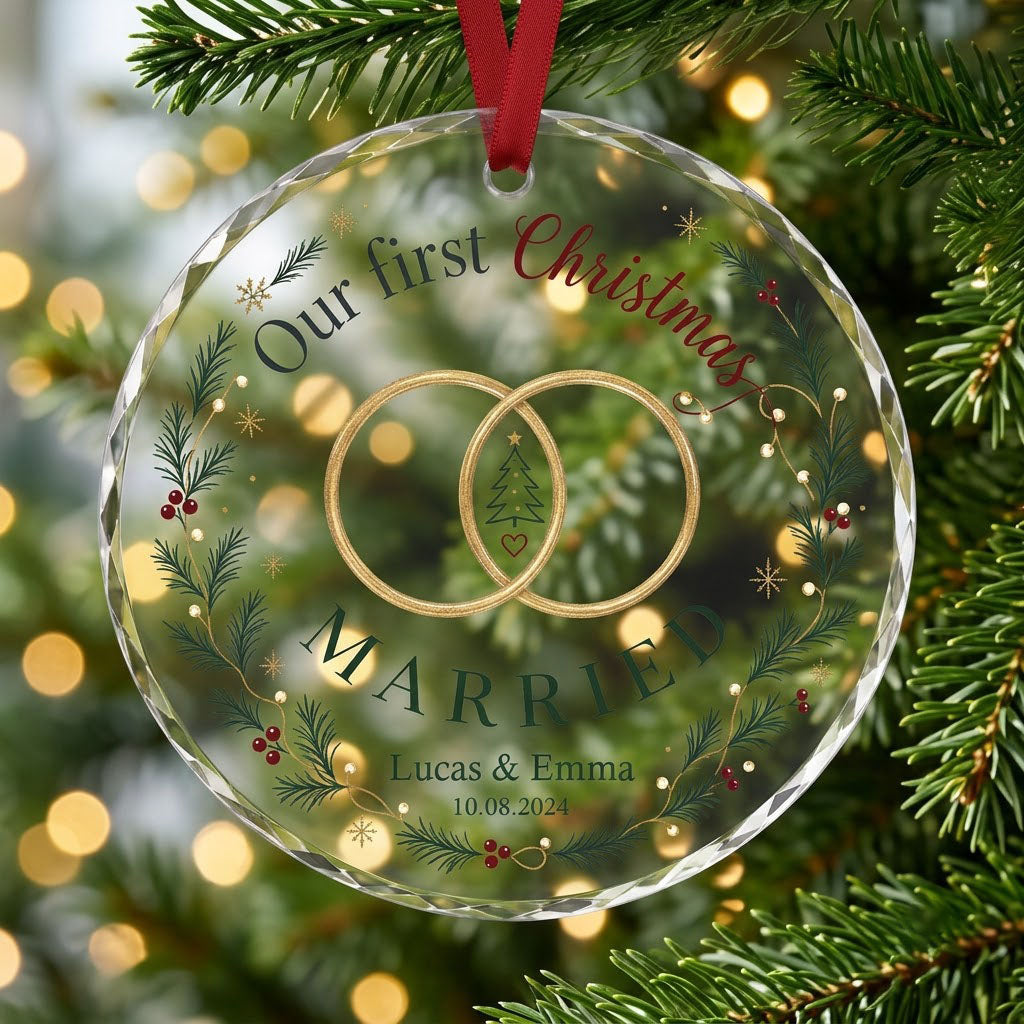 Personalized Our First Christmas Married Wedding Rings Wreath Round Glass Ornament