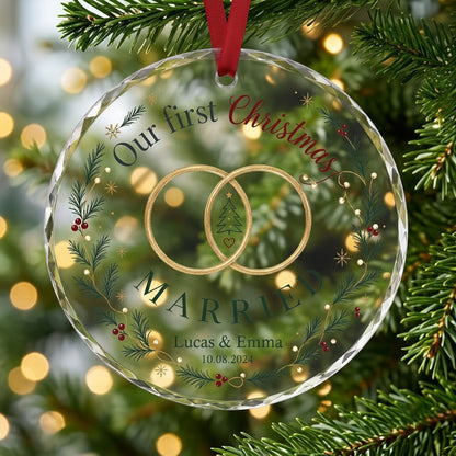 Personalized Our First Christmas Married Wedding Rings Wreath Round Glass Ornament