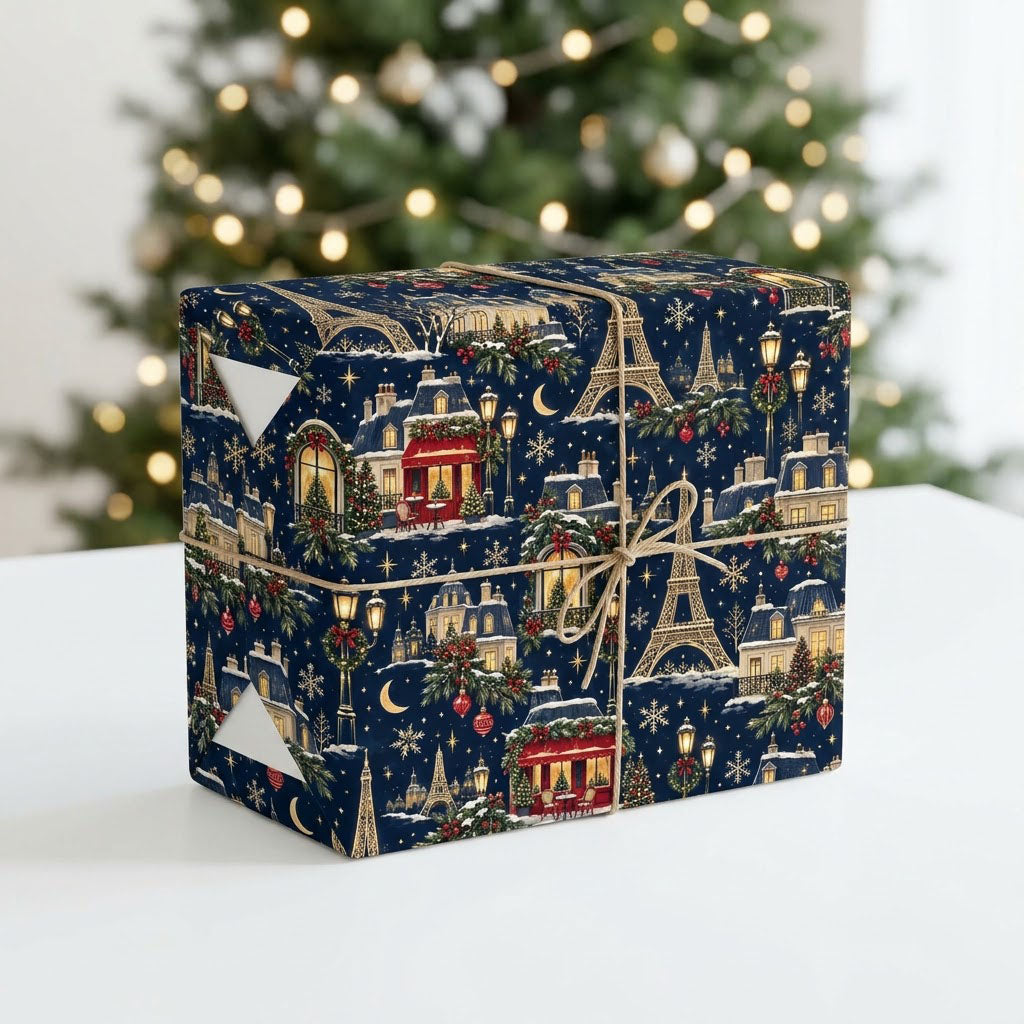 Navy Christmas wrapping paper with golden Eiffel Towers, Parisian buildings, a red cafe, stars, moons and snowflakes.