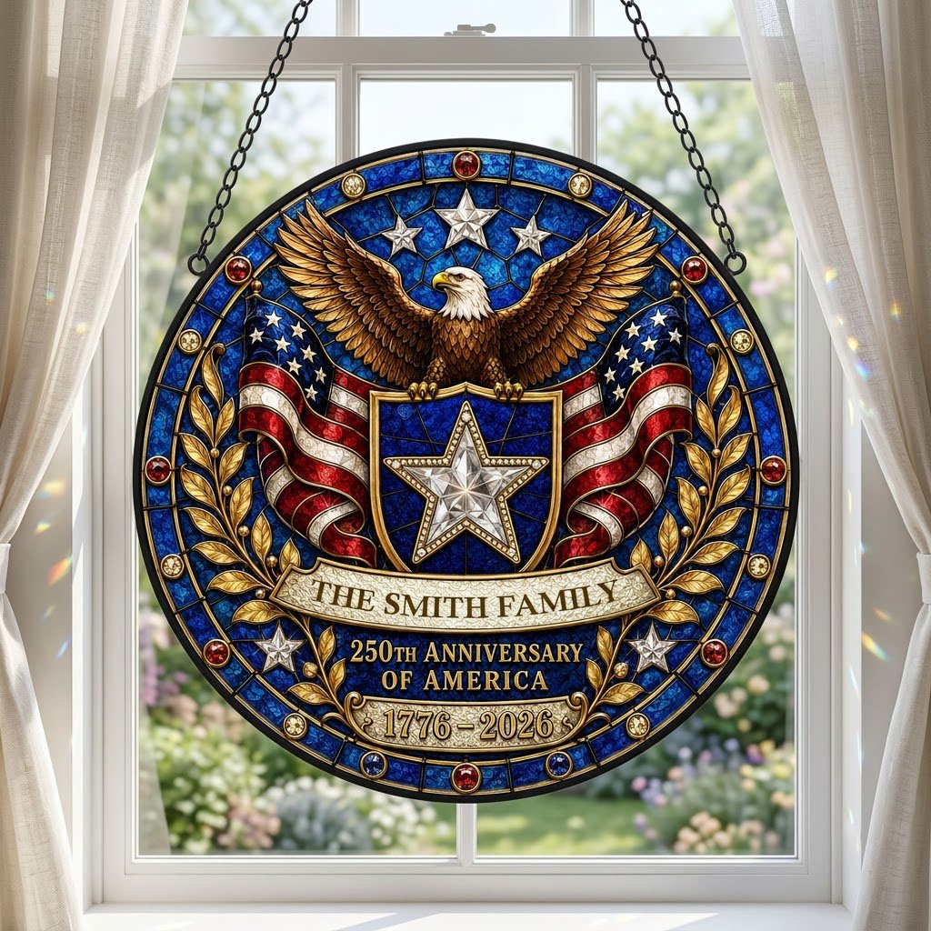 Round stained glass-style suncatcher with a bald eagle, blue star shield, American flags, laurel and a jeweled border.