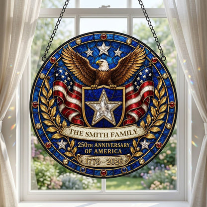 Round stained glass-style suncatcher with a bald eagle, blue star shield, American flags, laurel and a jeweled border.